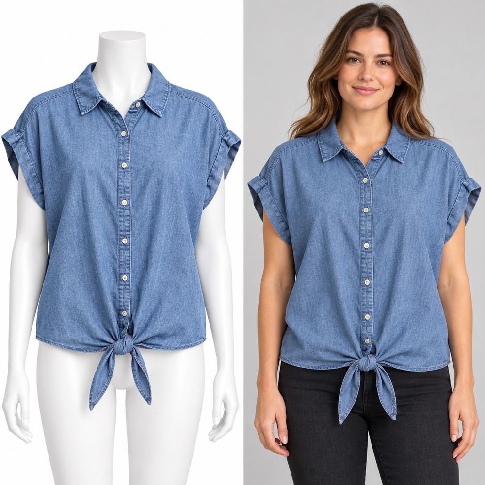 Hester & Orchard Tie Front Top Women Medium Blue Chambray Button Up Casual Boho